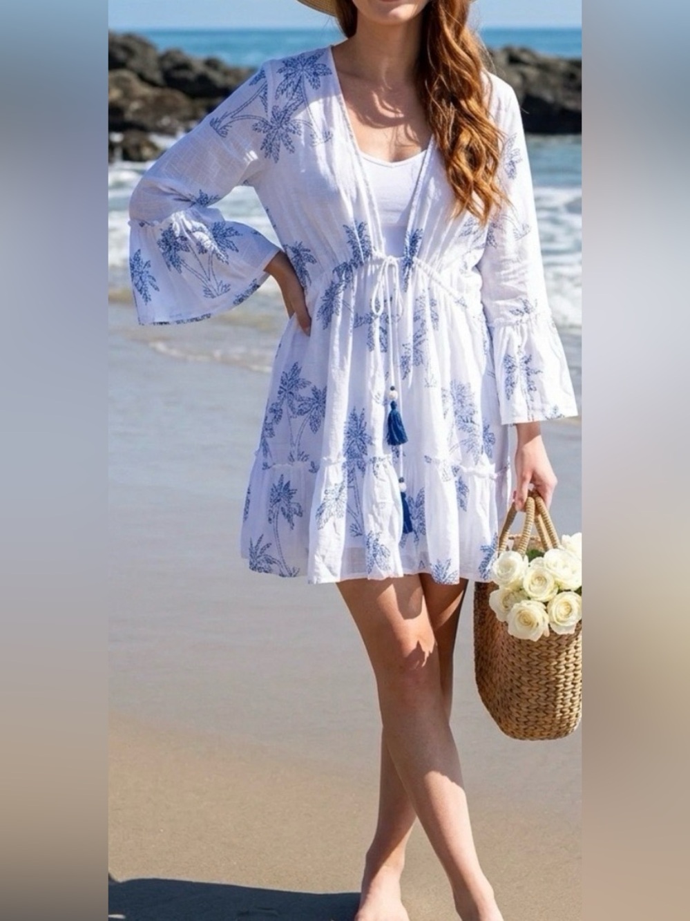 Blue Island Palm Tree Cotton Beach Cover Up Tunic XS Tassel Sleeves
